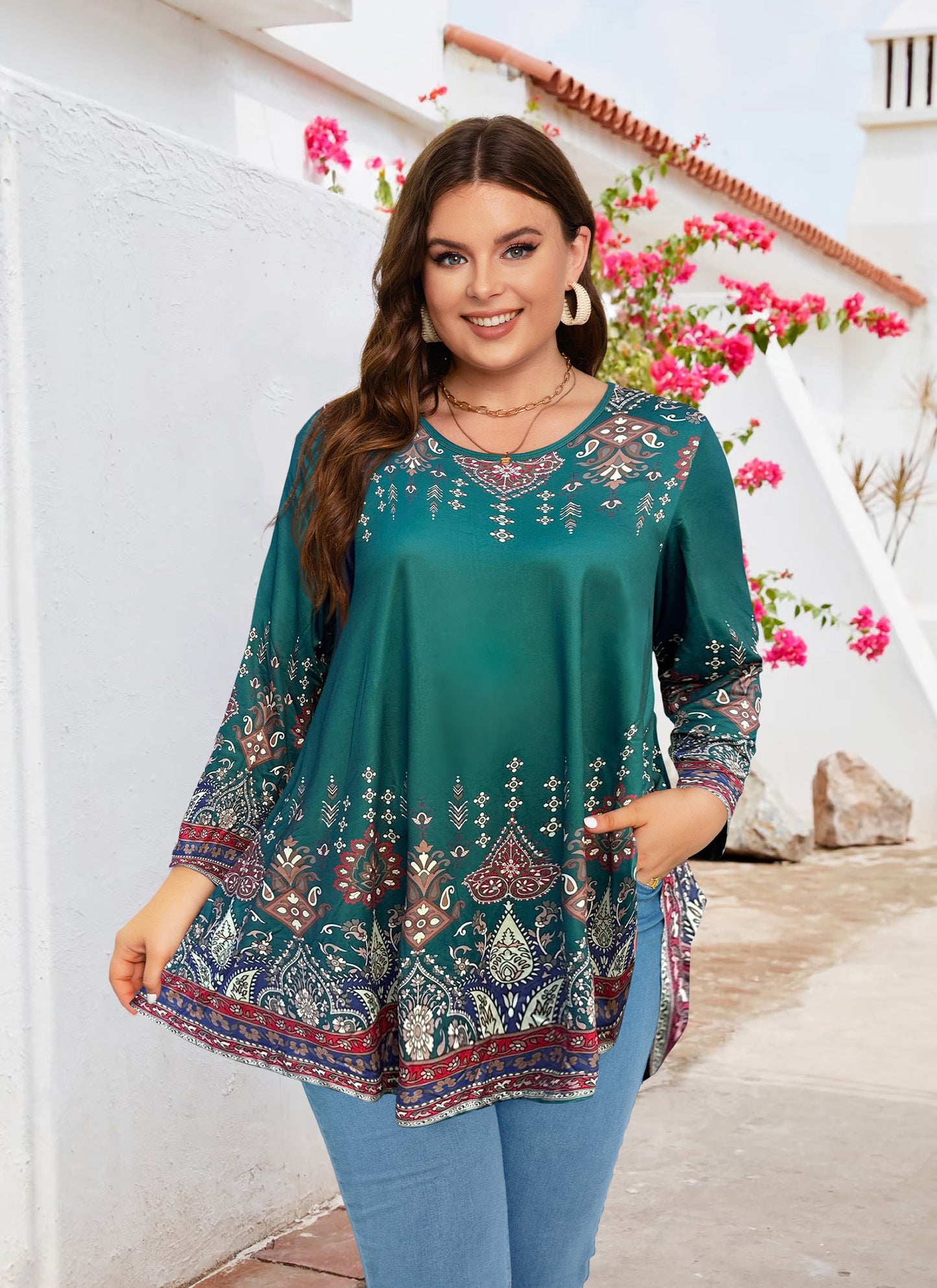 Womens Tunic 3/4 Sleeve Plus Size Tops Crew Neck Swing Flowy Loose Fit T-Shirt Blouses to Wear with Leggings Teals Blue Floral Tunics