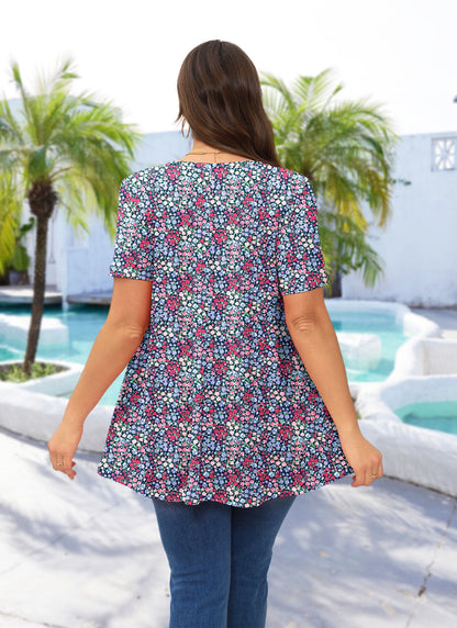 Tunic Tops for Women Plus Size Short Sleeve Crew Neck Swing Flare Loose T-Shirt Blouses to Wear with Leggings IV