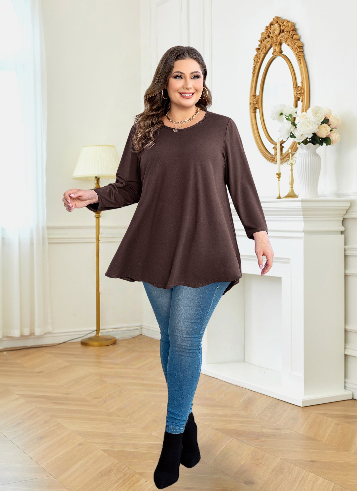 Womens Tops - Plus Size Tunics 3/4 Sleeve Loose Fit Dressy Casual Long Swing Flowy Lady Blouses Shirts Wear with Leggings Teals Blue Clothing A42 SATBBRO