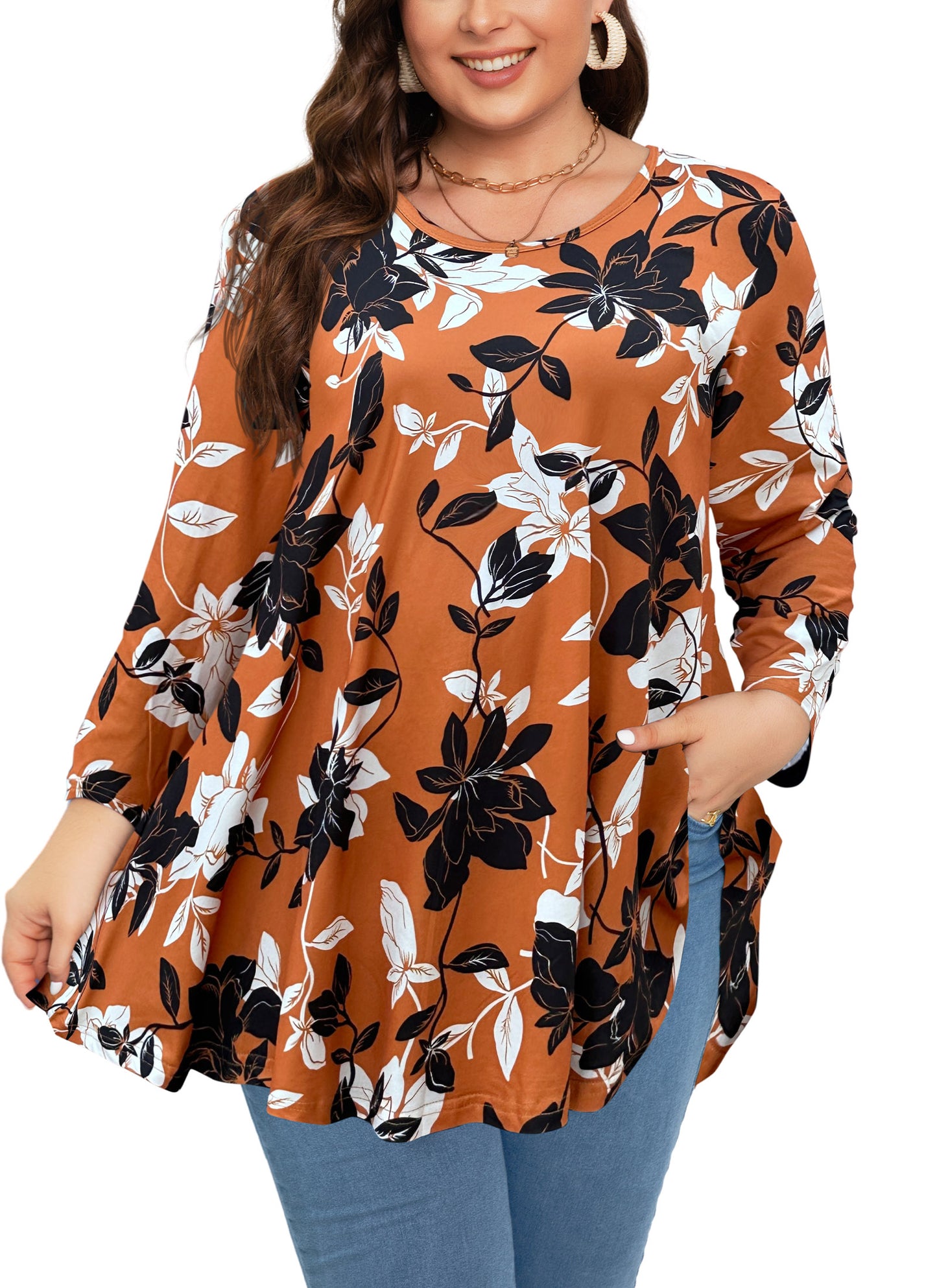 Womens Tunic 3/4 Sleeve Plus Size Tops Crew Neck Swing Flowy Loose Fit T-Shirt Blouses to Wear with Leggings Tunics Shirts Burnt Orange Floral
