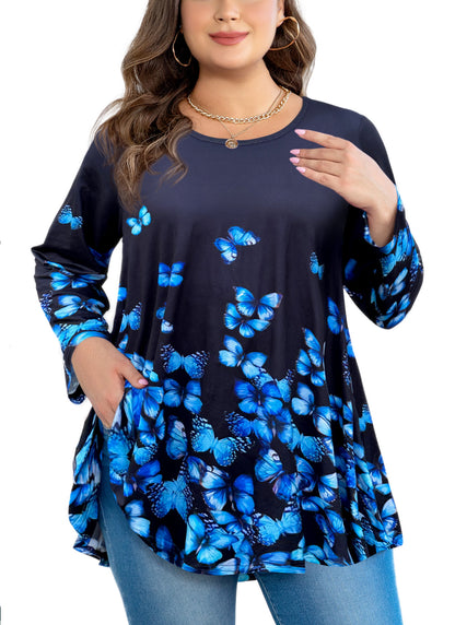 Womens Tunic 3/4 Sleeve Plus Size Tops Crew Neck Swing Flowy Loose Fit T-Shirt Blouses to Wear with Leggings Long Tunic Black Blue Butterfly