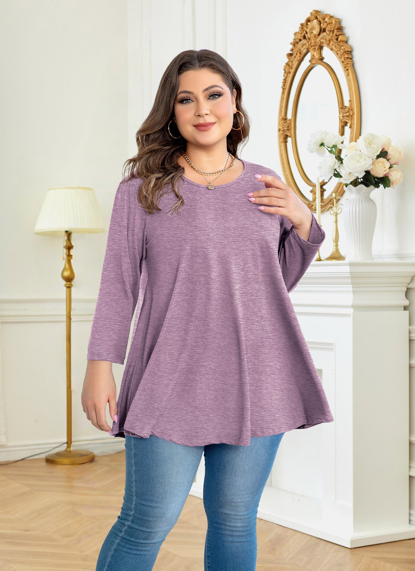 Womens Tunic 3/4 Sleeve Plus Size Tops Crew Neck Swing Flowy Loose Fit T-Shirt Blouses to Wear with Leggings Tunic Tops Purple