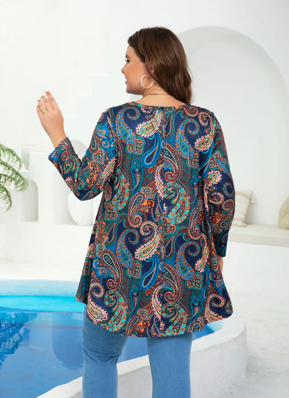 Womens Tops - Plus Size Tunics 3/4 Sleeve Loose Fit Dressy Casual Long Swing Flowy Lady Blouses Shirts Wear with Leggings Teals Blue Clothing A15 SATNP2