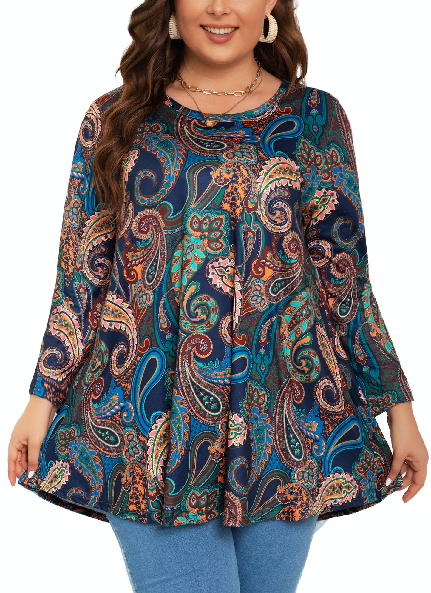 Womens Tops - Plus Size Tunics 3/4 Sleeve Loose Fit Dressy Casual Long Swing Flowy Lady Blouses Shirts Wear with Leggings Teals Blue Clothing A15 SATNP2