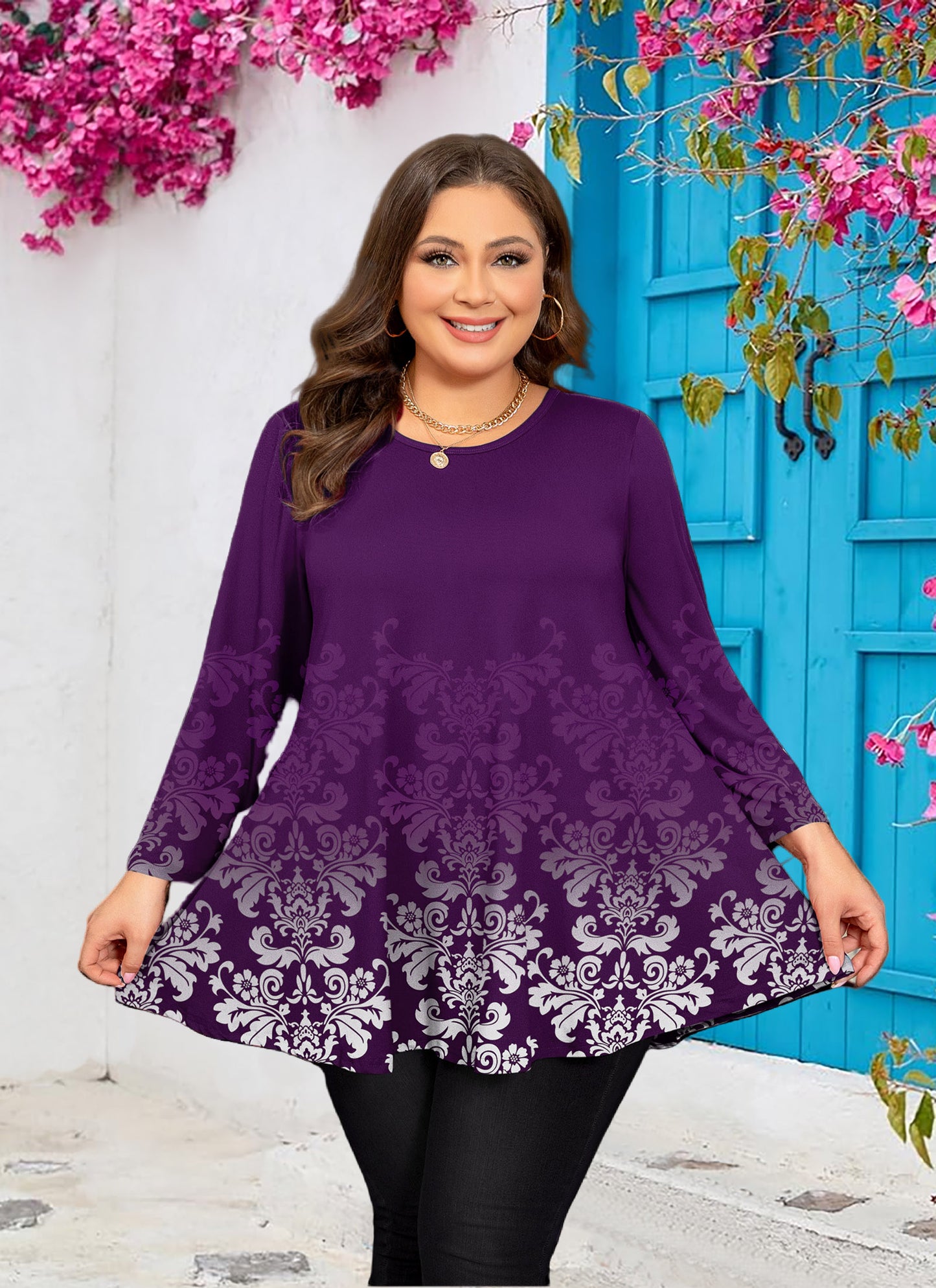 Womens Tunic 3/4 Sleeve Plus Size Tops Crew Neck Swing Flowy Loose Fit T-Shirt Blouses to Wear with Leggings Purple Floral Tops Plus Size