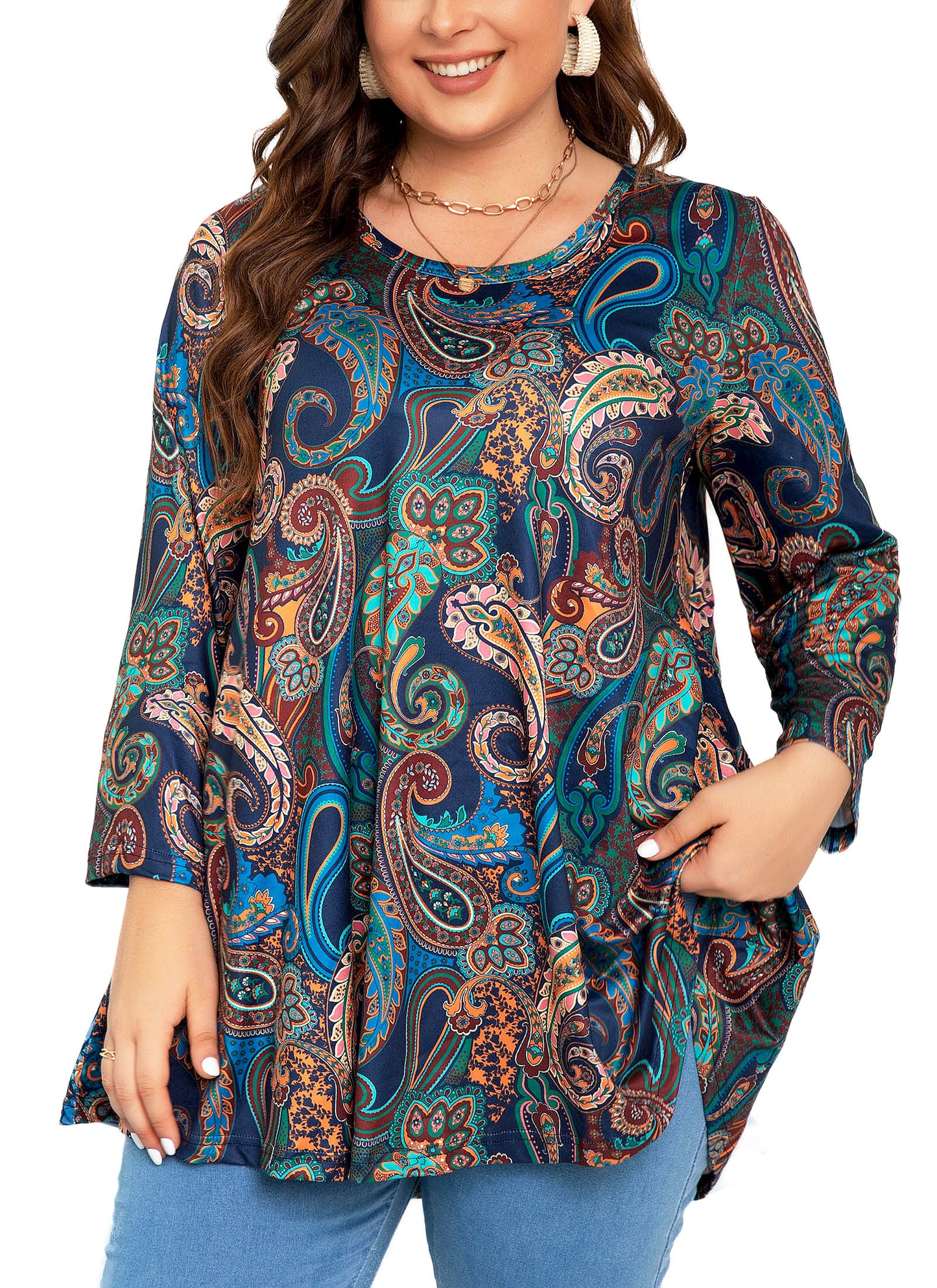 Womens Tops - Plus Size Tunics 3/4 Sleeve Loose Fit Dressy Casual Long Swing Flowy Lady Blouses Shirts Wear with Leggings Teals Blue Clothing A15 SATNP2