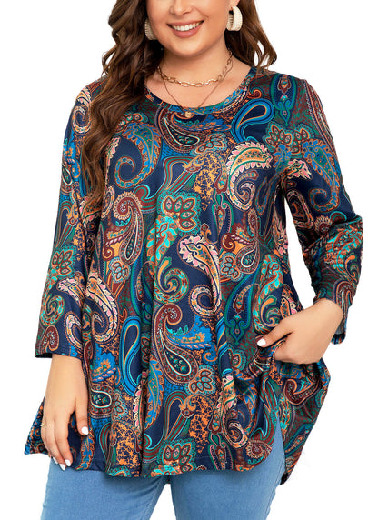 Womens Tops - Plus Size Tunics 3/4 Sleeve Loose Fit Dressy Casual Long Swing Flowy Lady Blouses Shirts Wear with Leggings Teals Blue Clothing A15 SATNP2