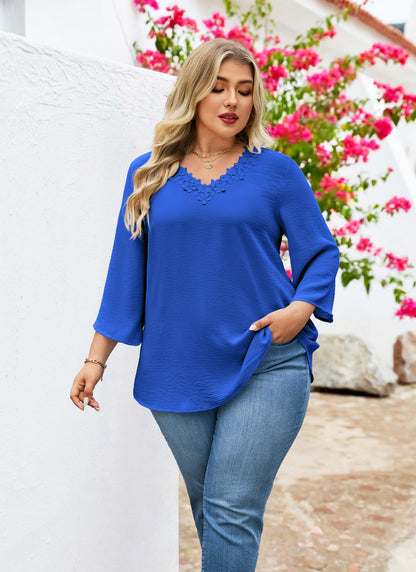 Womens Plus Size Blouses Dressy Casual 3/4 Sleeve Elegant V Neck Floral Trim Ladies Tunics Tops Royal Blue