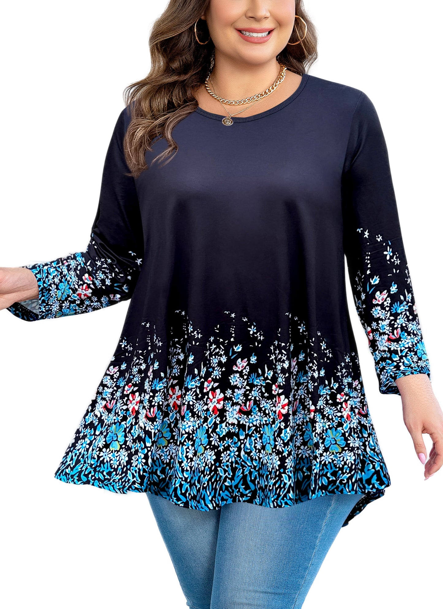 Womens Tunic 3/4 Sleeve Plus Size Tops Crew Neck Swing Flowy Loose Fit T-Shirt Blouses to Wear with Leggings Black Blue Floral Tunic
