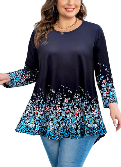 Womens Tunic 3/4 Sleeve Plus Size Tops Crew Neck Swing Flowy Loose Fit T-Shirt Blouses to Wear with Leggings Black Blue Floral Tunic
