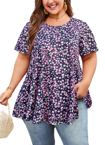 Womens Plus Size Tops Short Sleeve Swing Flare Flowy Tunic Loose Fit Summer Casual Blouses to Wear with Leggings Navy Blue Purple Tunic