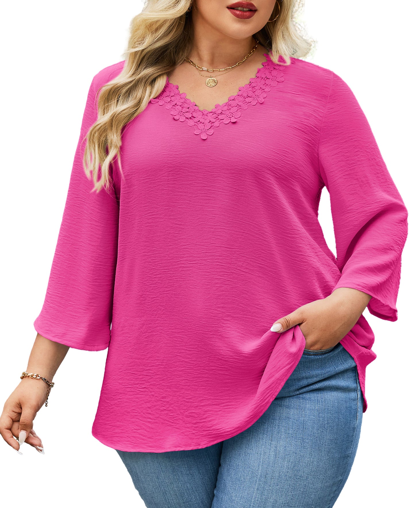 Womens Plus Size Blouses Dressy Casual 3/4 Sleeve Elegant V Neck Floral Trim Ladies Tunics Tops Hot Pink