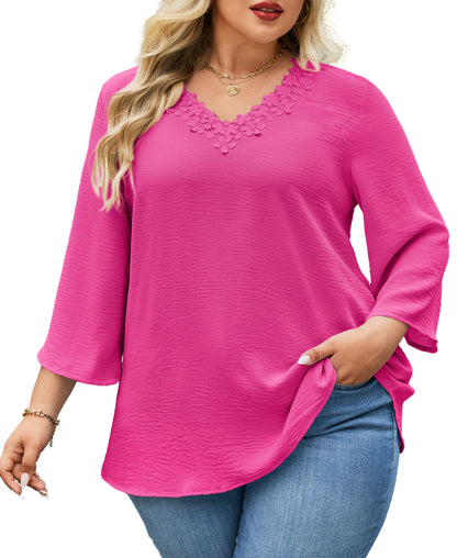 Womens Plus Size Blouses Dressy Casual 3/4 Sleeve Elegant V Neck Floral Trim Ladies Tunics Tops Hot Pink