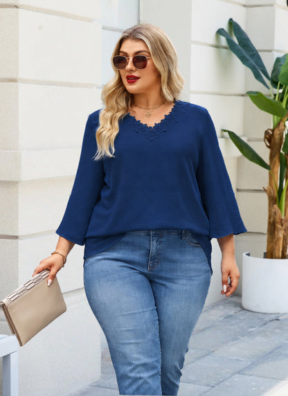 Womens Plus Size Blouses Dressy Casual 3/4 Sleeve Elegant V Neck Floral Trim Ladies Tunics Tops Navy Blue
