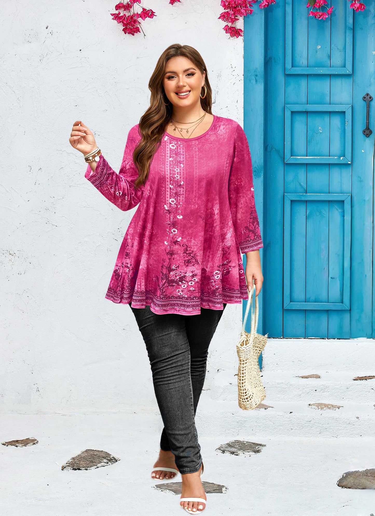 Womens Tunic 3/4 Sleeve Plus Size Tops Crew Neck Swing Flowy Loose Fit T-Shirt Blouses to Wear with Leggings Hot Pink Floral Tunic