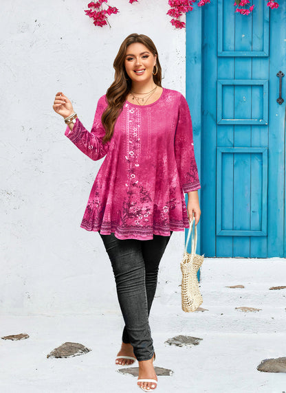 Womens Tunic 3/4 Sleeve Plus Size Tops Crew Neck Swing Flowy Loose Fit T-Shirt Blouses to Wear with Leggings Hot Pink Floral Tunic