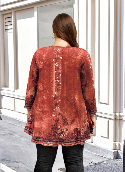 Womens Tunic Tops 3/4 Sleeve Plus Size Crew Neck Swing Flare Loose Fit T-Shirt Blouses to Wear with Leggings Burnt Orange Tunic