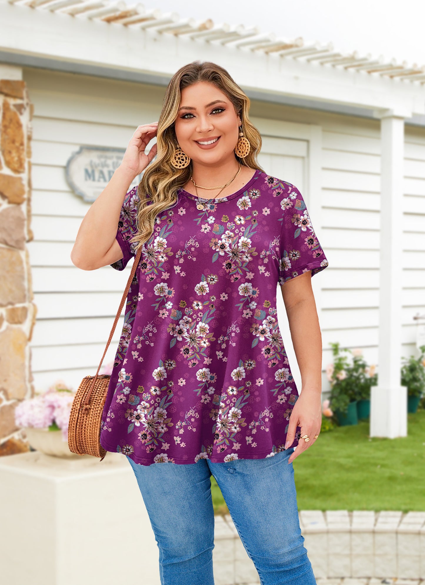 Tunic Tops for Women Plus Size Short Sleeve Crew Neck Swing Flare Loose T-Shirt Blouses to Wear with Leggings Magenta Tunic Floral