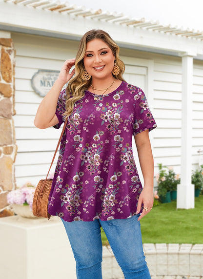 Tunic Tops for Women Plus Size Short Sleeve Crew Neck Swing Flare Loose T-Shirt Blouses to Wear with Leggings Magenta Tunic Floral