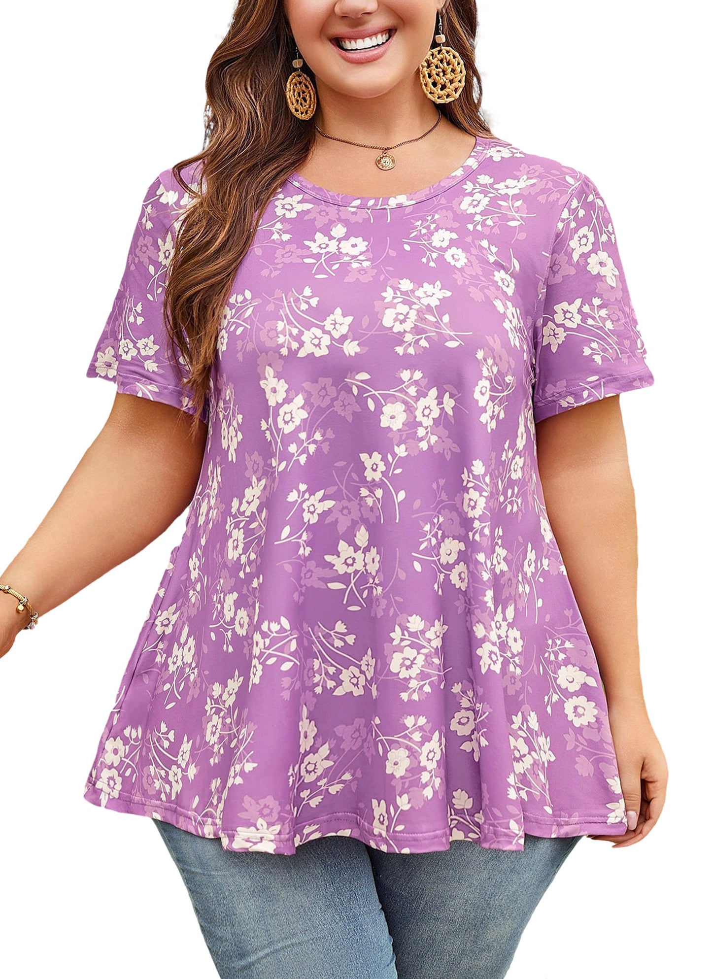 Womens Plus Size Tops Short Sleeve Swing Flare Flowy Tunic Loose Fit Summer Casual Blouses to Wear with Leggings Purple White Tunic