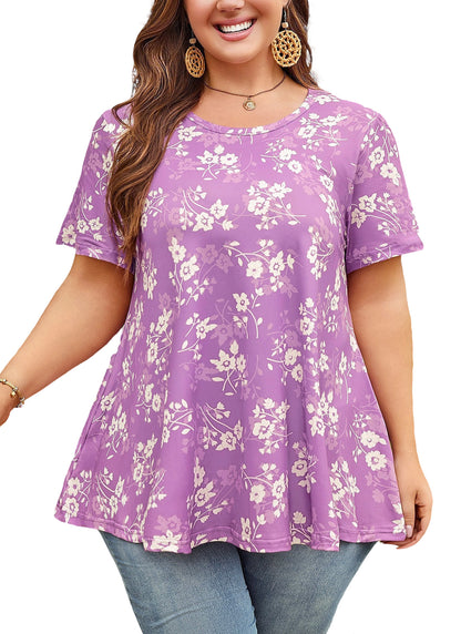 Womens Plus Size Tops Short Sleeve Swing Flare Flowy Tunic Loose Fit Summer Casual Blouses to Wear with Leggings Purple White Tunic