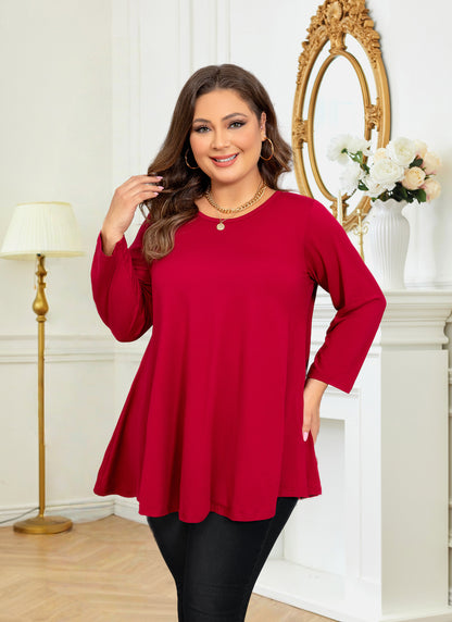 Womens Tunic Tops 3/4 Sleeve Plus Size Crew Neck Swing Flare Loose Fit T-Shirt Blouses to Wear with Leggings Tunic Tops Red
