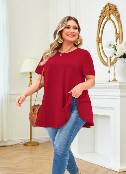 Tunic Tops for Women Plus Size Short Sleeve Crew Neck Swing Flare Loose T-Shirt Blouses to Wear with Leggings Plus Size Red Tops Tunics
