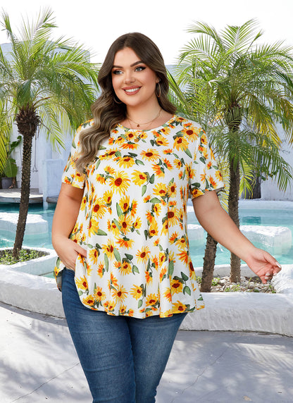 Tunic Tops for Women Plus Size Short Sleeve Crew Neck Swing Flare Loose T-Shirt Blouses to Wear with Leggings III
