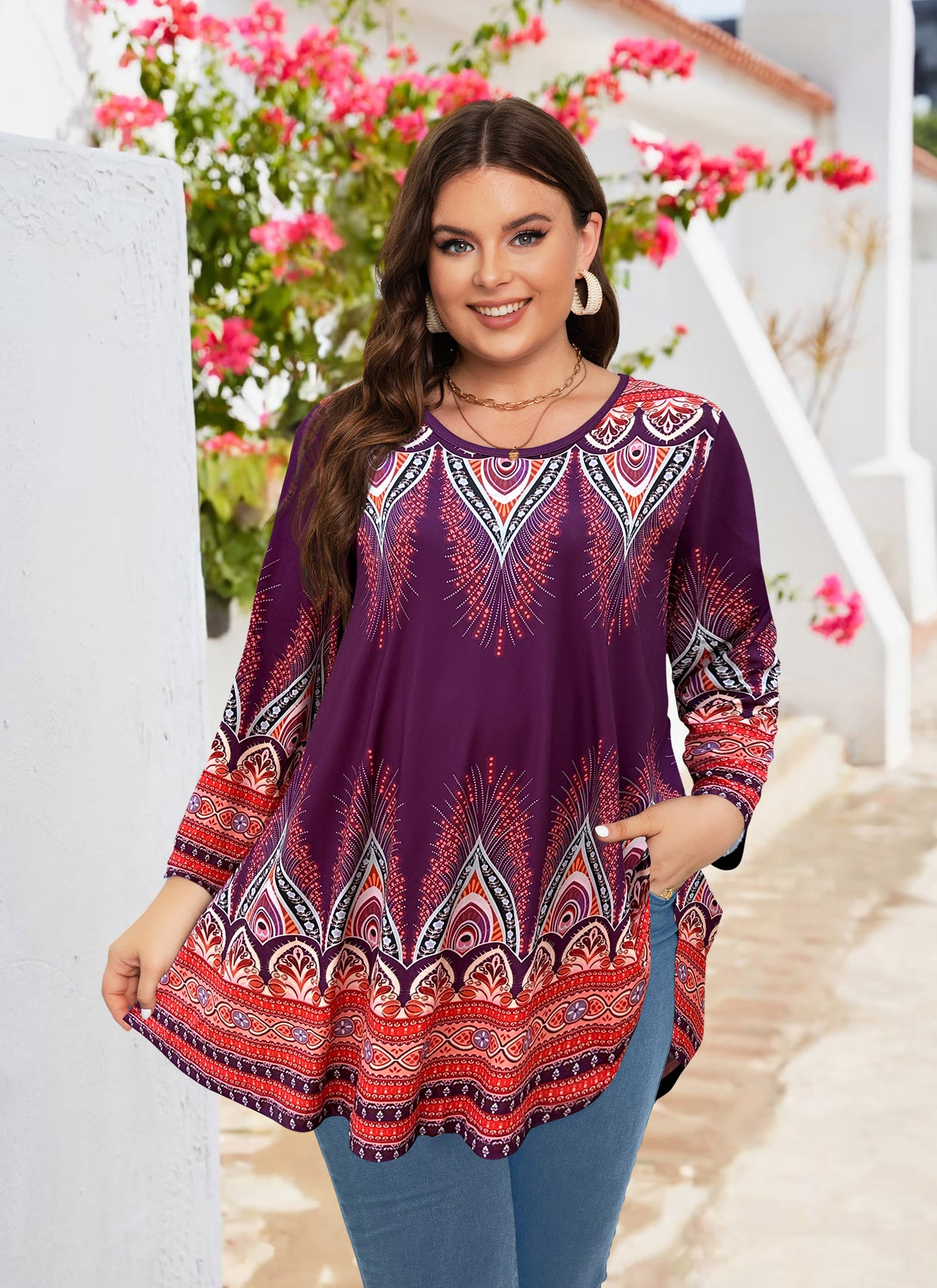 Womens Tunic 3/4 Sleeve Plus Size Tops Crew Neck Swing Flowy Loose Fit T-Shirt Blouses to Wear with Leggings Orange Floral Tops Purple