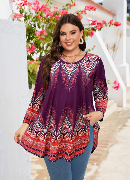 Womens Tunic 3/4 Sleeve Plus Size Tops Crew Neck Swing Flowy Loose Fit T-Shirt Blouses to Wear with Leggings Orange Floral Tops Purple