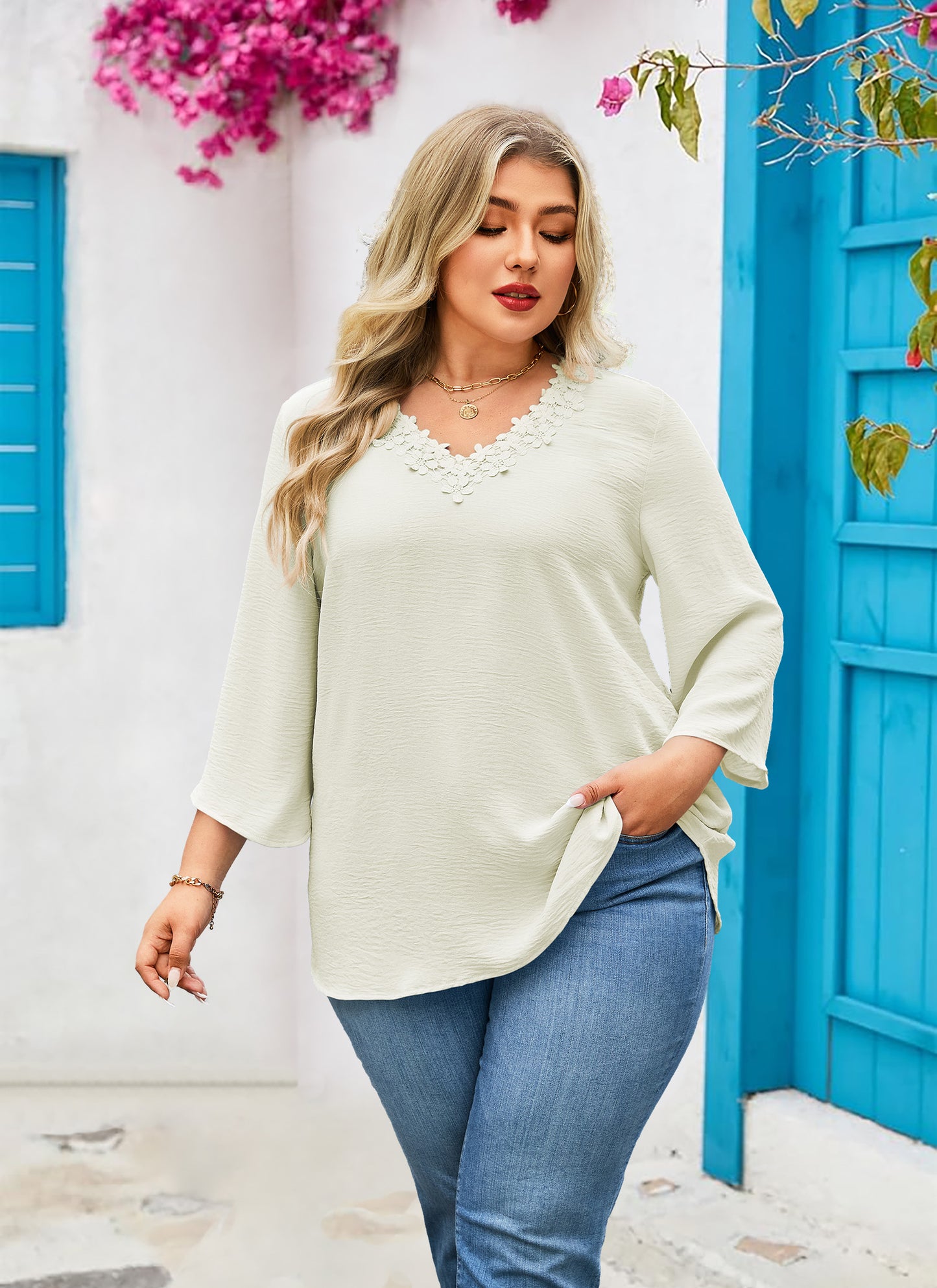 Womens Plus Size Blouses Dressy Casual 3/4 Sleeve Elegant V Neck Floral Trim Ladies Tunics Tops Begie