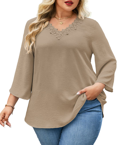 Womens Plus Size Blouses Dressy Casual 3/4 Sleeve Elegant V Neck Floral Trim Ladies Tunics Tops Khaki