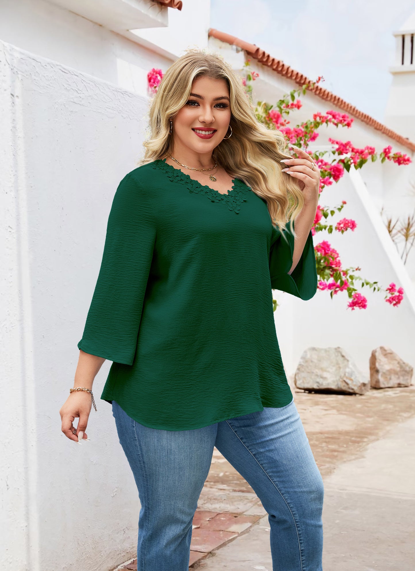 Womens Plus Size Blouses Dressy Casual 3/4 Sleeve Elegant V Neck Floral Trim Ladies Tunics Tops Green