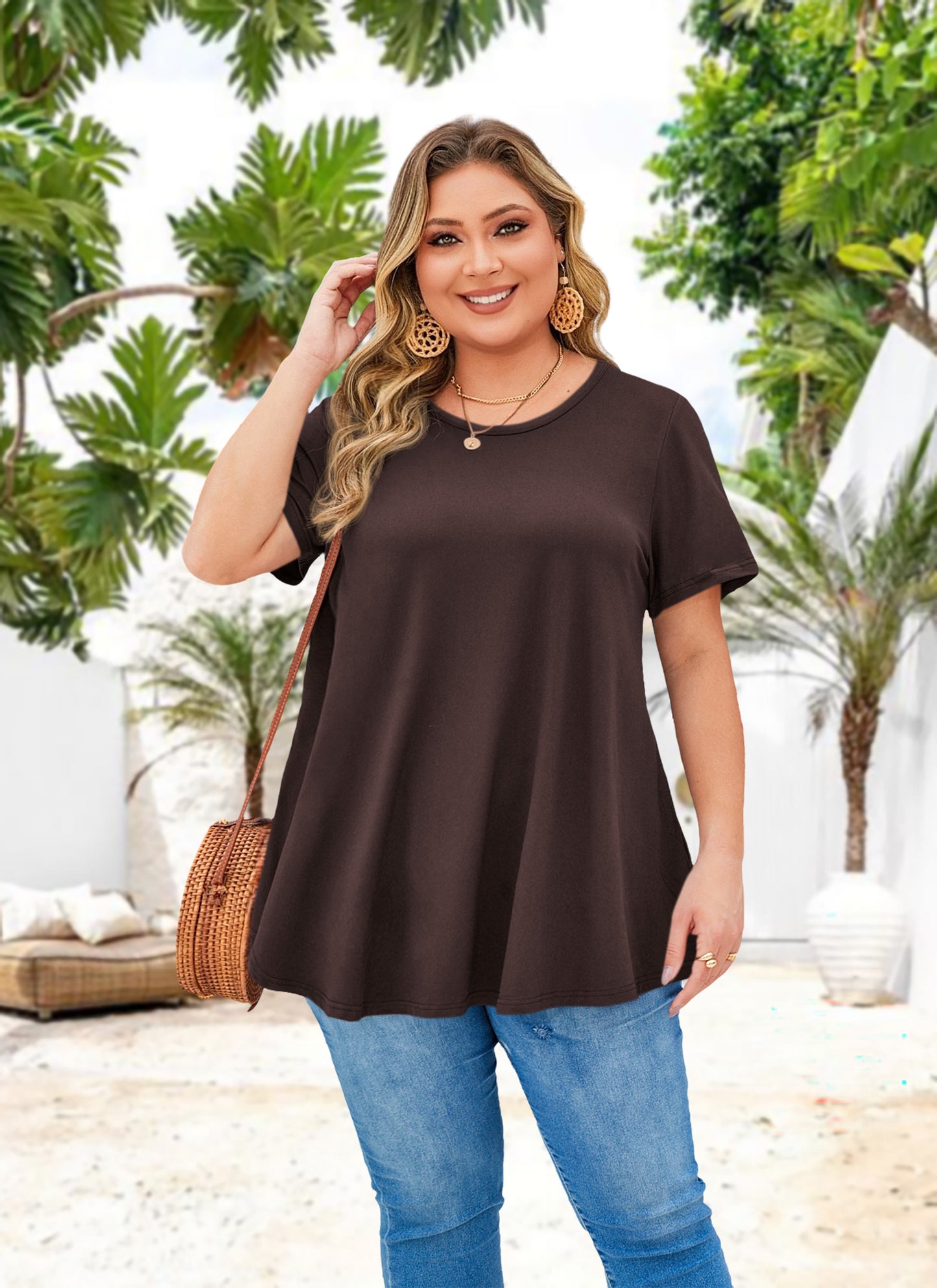 Tunic Tops for Women Plus Size Short Sleeve Crew Neck Swing Flare Loose T-Shirt Blouses to Wear with Leggings  B14 SATXBN