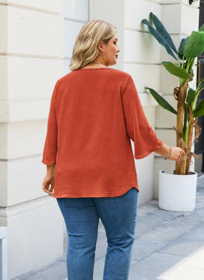 Womens Plus Size Blouses Dressy Casual 3/4 Sleeve Elegant V Neck Floral Trim Ladies Tunics Tops Burnt Orange