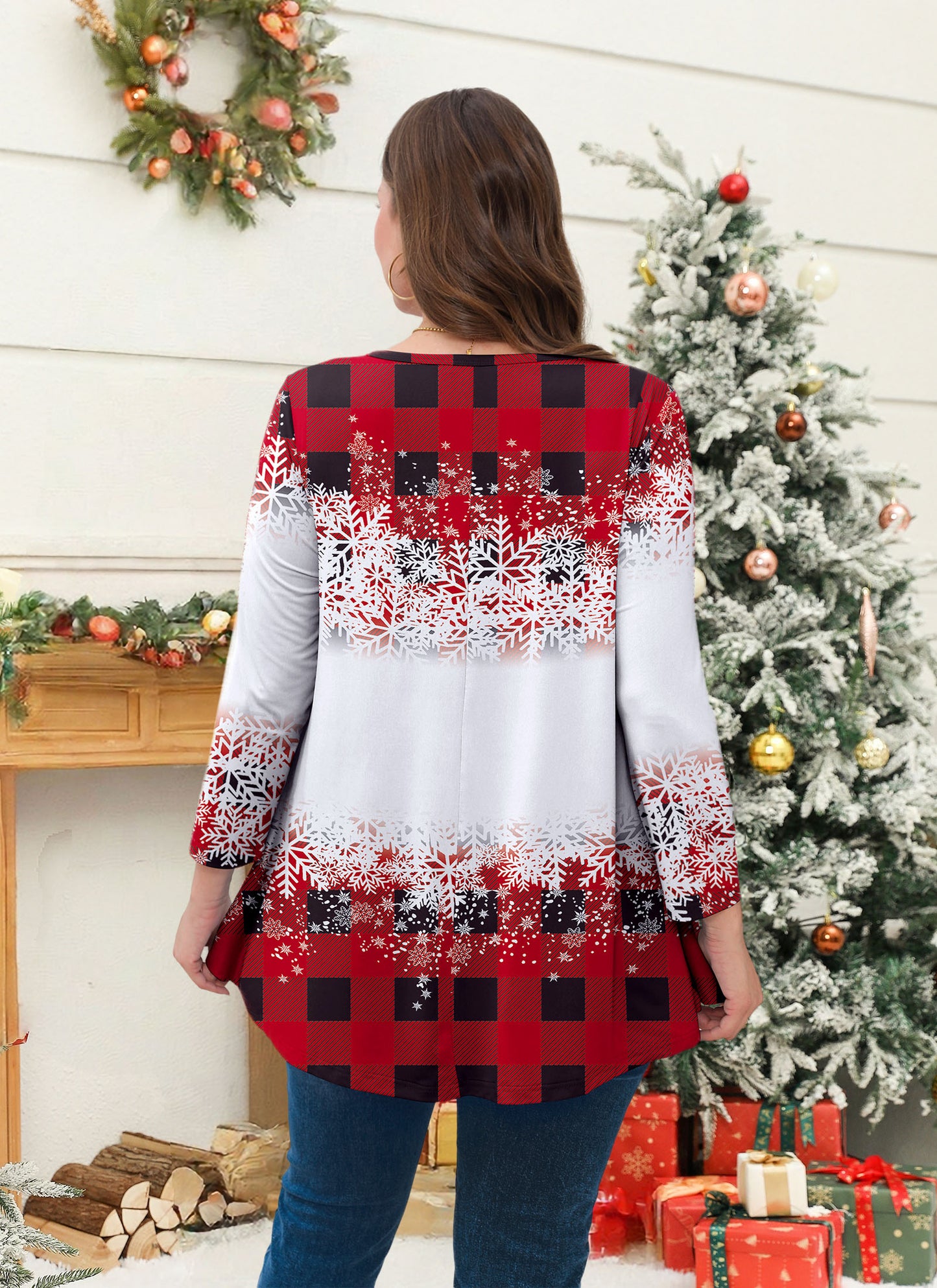 Womens Tunic 3/4 Sleeve Plus Size Tops Crew Neck Swing Flowy Loose Fit T-Shirt Blouses to Wear with Leggings Christmas Plaid Tunic Tops