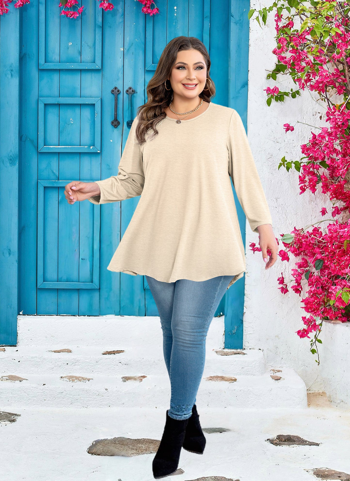 Womens Tunic 3/4 Sleeve Plus Size Tops Crew Neck Swing Flowy Loose Fit T-Shirt Blouses to Wear with Leggings Tunic Tops Beige