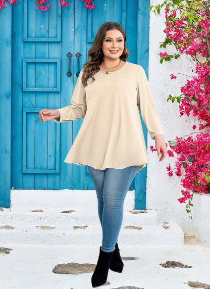 Womens Tunic 3/4 Sleeve Plus Size Tops Crew Neck Swing Flowy Loose Fit T-Shirt Blouses to Wear with Leggings Tunic Tops Beige