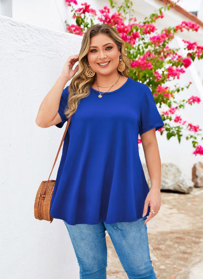 Tunic Tops for Women Plus Size Short Sleeve Crew Neck Swing Flare Loose T-Shirt Blouses to Wear with Leggings B12 SATXRB