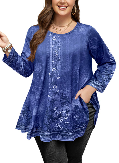 Womens Tunic Tops 3/4 Sleeve Plus Size Crew Neck Swing Flare Loose Fit T-Shirt Blouses to Wear with Leggings Navy Blue Tunics Floral