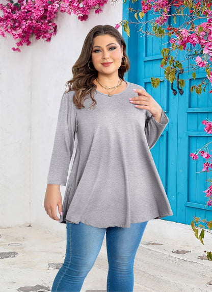 Womens Tunic Tops 3/4 Sleeve Plus Size Crew Neck Swing Flare Loose Fit T-Shirt Blouses to Wear with Leggings Grey Tunic Tops
