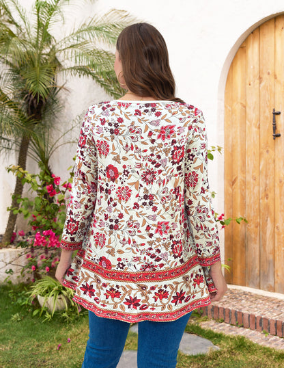 Womens Tunic Tops 3/4 Sleeve Plus Size Crew Neck Swing Flare Loose Fit T-Shirt Blouses to Wear with Leggings Red Floral Top