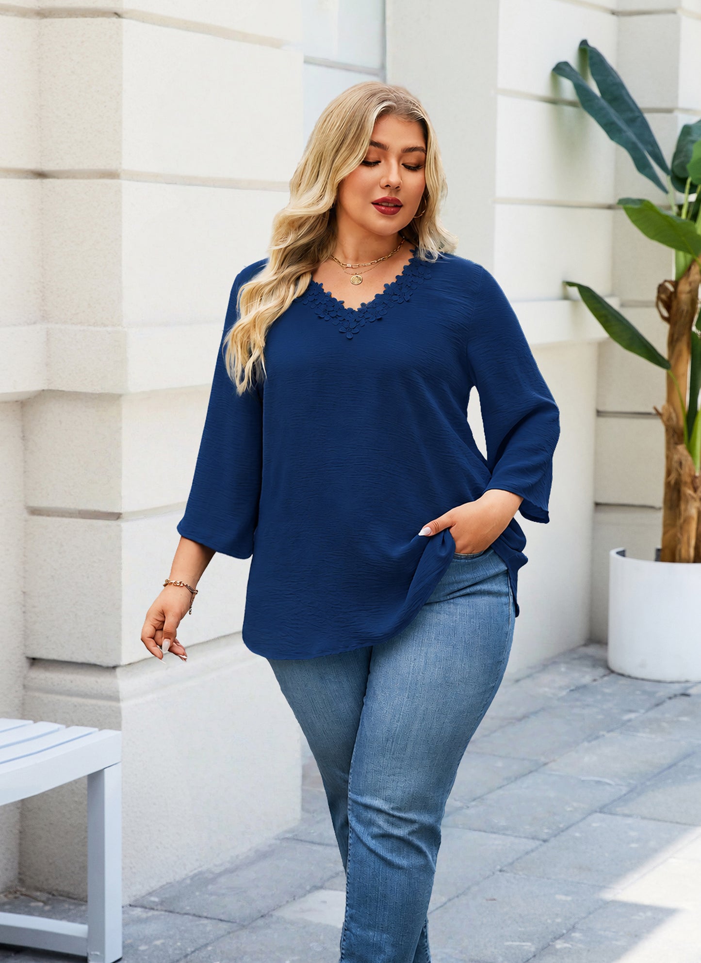 Womens Plus Size Blouses Dressy Casual 3/4 Sleeve Elegant V Neck Floral Trim Ladies Tunics Tops Navy Blue