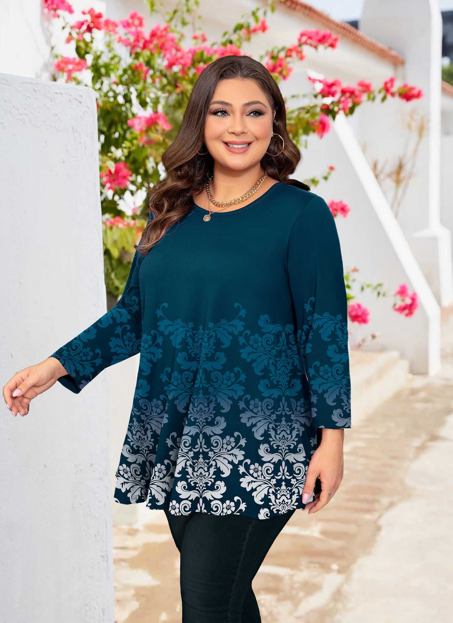 Womens Tunic Tops 3/4 Sleeve Plus Size Crew Neck Swing Flare Loose Fit T-Shirt Blouses to Wear with Leggings Teals Tunic Tops