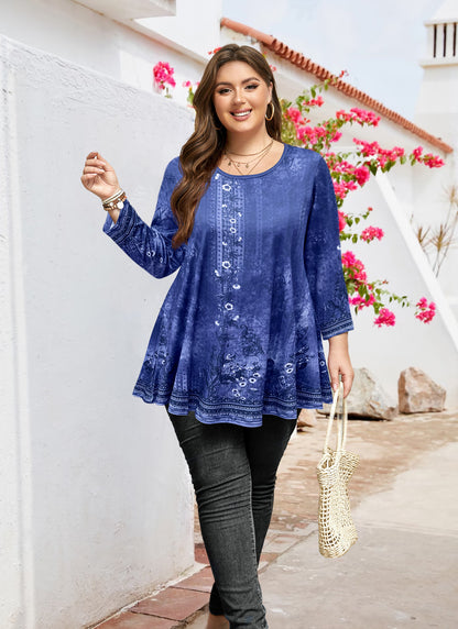 Womens Tunic Tops 3/4 Sleeve Plus Size Crew Neck Swing Flare Loose Fit T-Shirt Blouses to Wear with Leggings Navy Blue Tunics Floral
