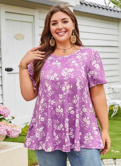 Womens Plus Size Tops Short Sleeve Swing Flare Flowy Tunic Loose Fit Summer Casual Blouses to Wear with Leggings Purple White Tunic