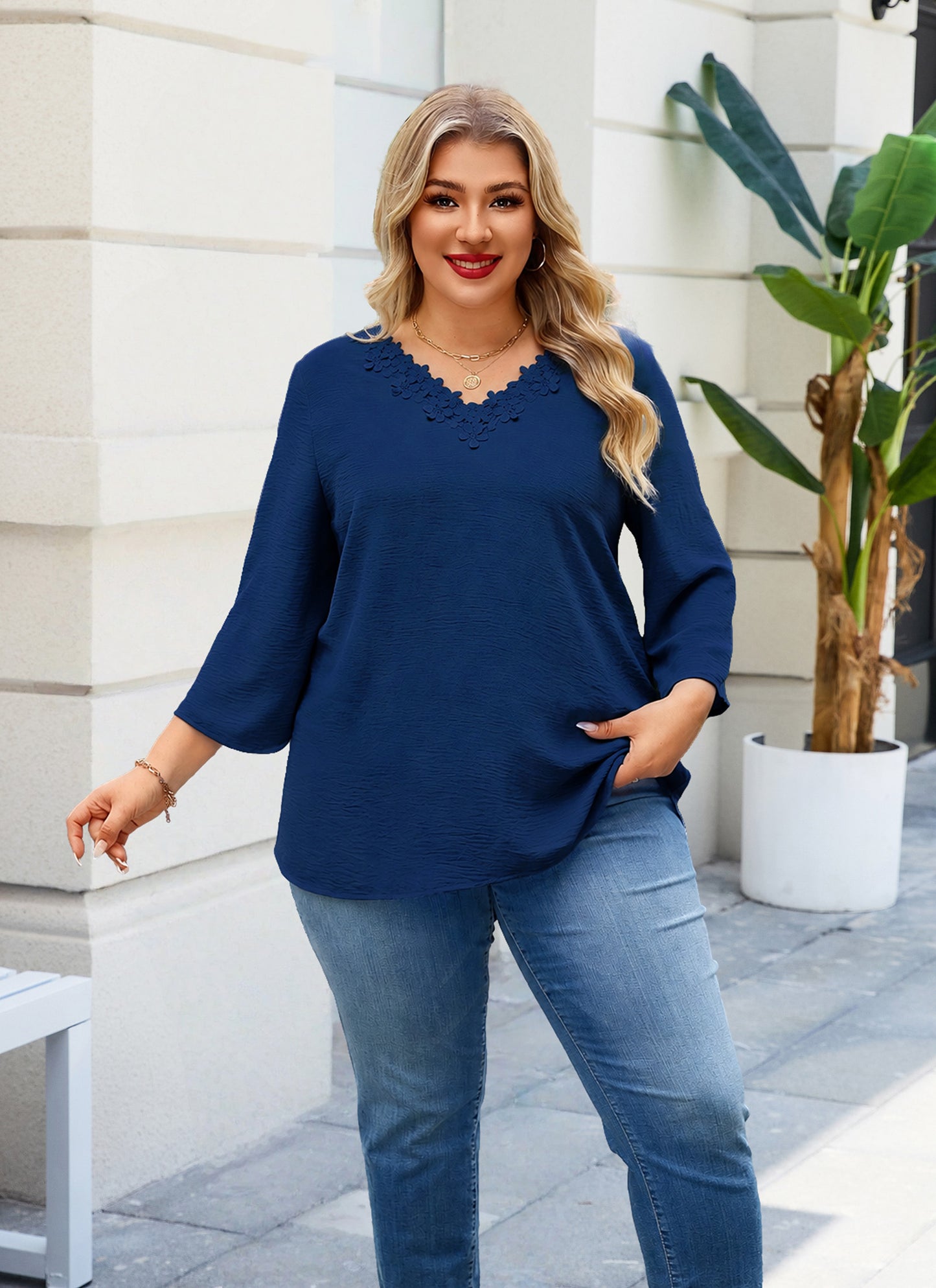 Womens Plus Size Blouses Dressy Casual 3/4 Sleeve Elegant V Neck Floral Trim Ladies Tunics Tops Navy Blue