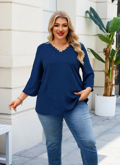 Womens Plus Size Blouses Dressy Casual 3/4 Sleeve Elegant V Neck Floral Trim Ladies Tunics Tops Navy Blue