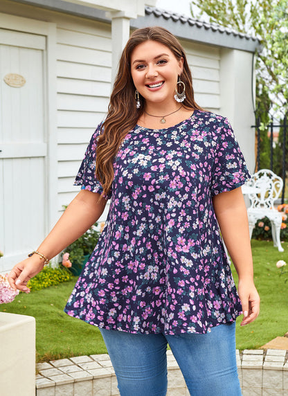 Tunic Tops for Women Plus Size Short Sleeve Crew Neck Swing Flare Loose T-Shirt Blouses to Wear with Leggings  Purple Floral Tunic Navy