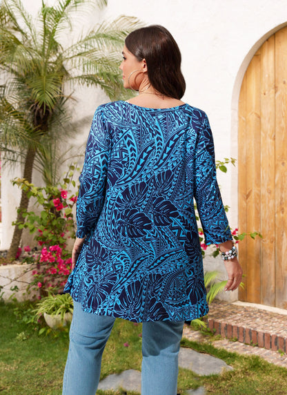 Womens Tops - Plus Size Tunics 3/4 Sleeve Loose Fit Dressy Casual Long Swing Flowy Lady Blouses Shirts Wear with Leggings Teals Blue Clothing A16 SATBL2
